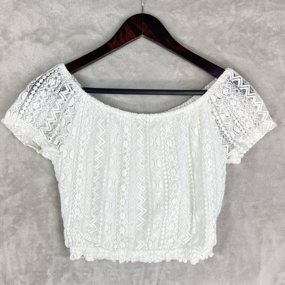 Hollister White Lace Crochet Crop Top Off Shoulder XS Poetcore Coquette Folky